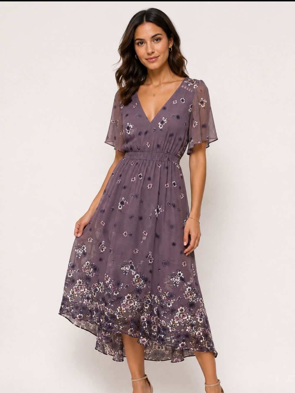 Xhilaration Maroon Dress Purple Wrap Floral Maxi Dress Short Sleeve Size Large